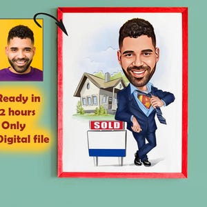 Regalo para agente inmobiliario, caricatura personalizada de agente inmobiliario a partir de una foto, retrato divertido de bienes raíces, dibujo personalizado de una casa vendida