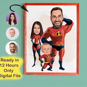 Benutzerdefiniertes Superhelden-Familien-Karikaturporträt, Familienporträt, Familiengeschenk, Superfamilien-Karikatur, Superheld-Karikatur, Karikatur vom Foto