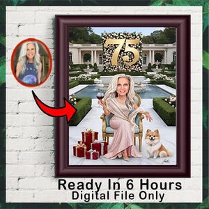 Custom 75th Birthday Caricature for Woman – Personalized Digital Portrait, Unique Gift for Grandma, Mom or Her, Fun Milestone Keepsake