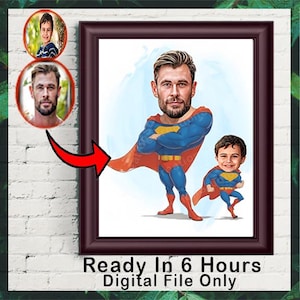 Benutzerdefinierte Super Dad und Sohn Cartoon Portrait, Super Dad Portrait, Papas Geschenk, Super Dad Karikatur, Superhelden-Karikatur, Karikatur vom Foto