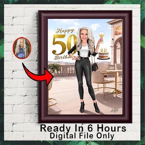 Gepersonaliseerde 50e cartoonportret, karikatuur 50e verjaardag, karikatuur verjaardag, aangepaste verjaardagscadeau, grappig cadeau, digitale verjaardagskaart