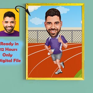 Spersonalizowany portret biegacza | Spersonalizowany plakat z kreskówką o bieganiu maratońskim, karykatura fotograficzna, pomysł na prezent dla mężczyzn uprawiających jogging