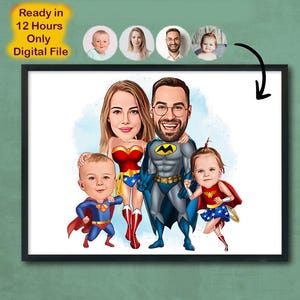 Benutzerdefiniertes Superhelden-Familien-Karikaturporträt, Familienporträt, Familiengeschenk, Superfamilien-Karikatur, Superheld-Karikatur, Karikatur vom Foto