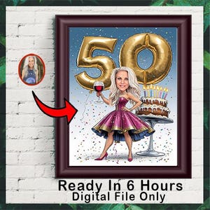Gepersonaliseerde 50e cartoonportret, karikatuur 50e verjaardag, karikatuur verjaardag, aangepaste verjaardagscadeau, grappig cadeau, digitale verjaardagskaart
