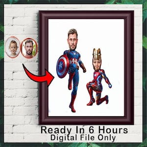 Benutzerdefinierte Super Dad und Sohn Cartoon Portrait, Super Dad Portrait, Papas Geschenk, Super Dad Karikatur, Superhelden-Karikatur, Karikatur vom Foto
