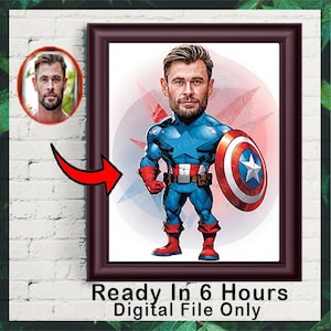 Personalisiertes Superheld-Karikaturporträt, kundenspezifische Superheld-Karikaturzeichnung vom Foto, lustige Superheld-Karikatur, Geschenk für ihn