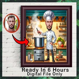 Caricatura de Chef Personalizada, Retrato de Chef em Desenho Animado, Presente de Chef Personalizado, Retrato de Cozinheiro Personalizado de Sua Foto, Gourmet, Presente para Ele