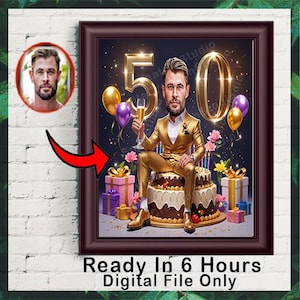 Gepersonaliseerde 50e cartoonportret, karikatuur 50e verjaardag, karikatuur verjaardag, aangepaste verjaardagscadeau, grappig cadeau, digitale verjaardagskaart