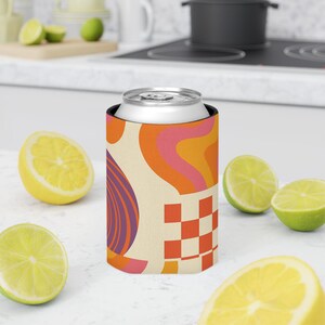 Can Cooler Retro 70&#39;s Vibe Colorful Summer Drink Koozie, Beach Can Holder & Picnic Accessory, Fun Party Favor Beverage Insulator