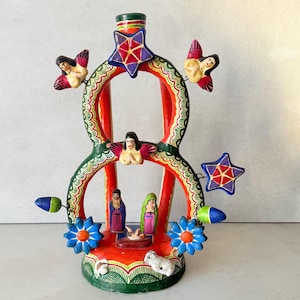 Vintage Mexican Tree of Life Nativity Candleholder Folk Art Pottery Christmas 11”