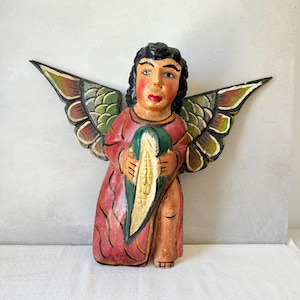 Large Vintage Mexican Folk Art Angel | Hand Carvede &  Painted Wood Wall Hanging | Guerrero Religious Decor Holding Corn 15”H Polychromatic