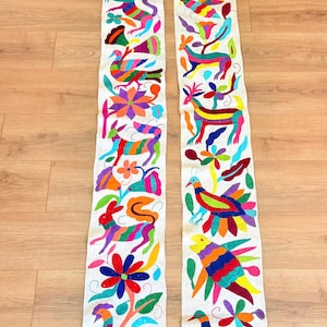 Pair of Vintage Mexican Otomi Embroidered Table Runners – Multicolor Hand-Stitched Animals  64”x9” Hidalgo Folk Art Textiles