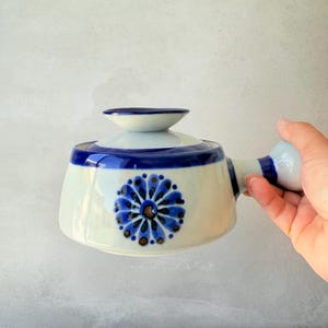 Vintage El Palomar Mexican Bean Soup Pot – Tonala Pottery by KE, Blue & White Handled Casserole, Ken Edwards Folk Art 7.5”L