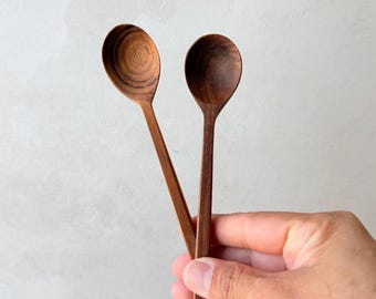 Set Of 2 Rustic Mexican Hand-Carved Wooden Coffee Salsa Spoons 5"L
