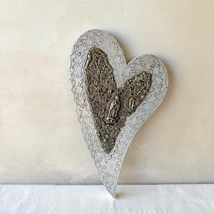 Large Mexican Milagro Heart Wall Art – Virgin Mary Silver Tin Folk Art, Black Painted Wood, 15” Religious Decor