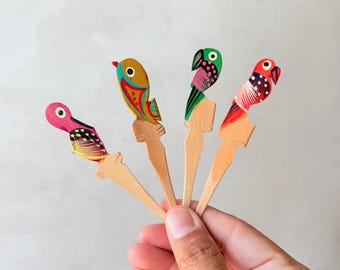 Mexican Folk Art Wooden Cocktail Appetizer Picks Colorful Birds Set of 4
