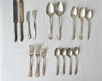 Lot of Assorted Vintage Silverplate Spoons Forks Knives 16 pc Flatware