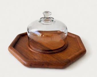 Vintage Teak Wood Serving Tray W/ Glass Dome Cloche| Goodwood