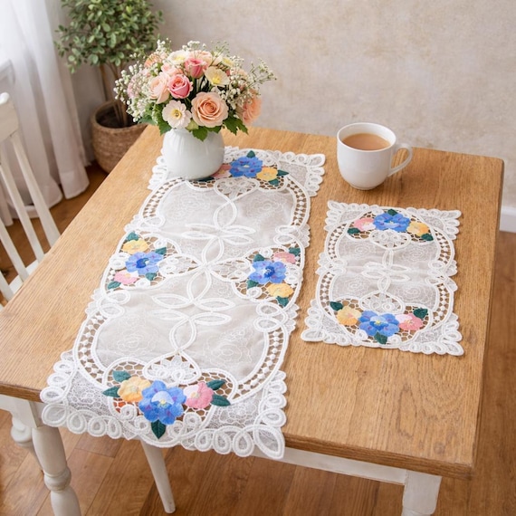 Vintage Embroidered Lace Dresser Scarf Set | Floral Cutwork Table Runner &  Doily