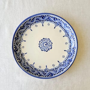 Puede incluir: Un plato redondo de cerámica con base color crema y un patrón floral azul cobalto pintado a mano. El diseño presenta un motivo floral central rodeado por un borde ancho de hojas intrincadas en espiral y pequeños puntos.