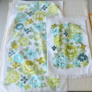 Vintage Martex Floral Towel Set: 70s Aqua Green Cotton Bath Linens