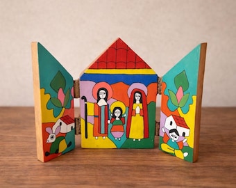 Vintage El Salvador Mini Nativity Triptych La Palma Folk Art Wood Retablo