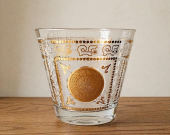 Vintage Glass Ice Bucket Gold Aztec Calendar Medallion by Hazel Atlas Mid Century Barware