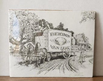 Vintage Horse Wagon Print Artist Signed Farmhouse Cottagecore Wall Art 14x11