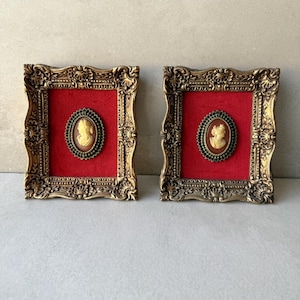 Pair Vintage Burwood Cameo Wall Plaques – 1960s Red Velvet Gold Frames, Arabesque Barbizon, Ornate Victorian Style USA Made