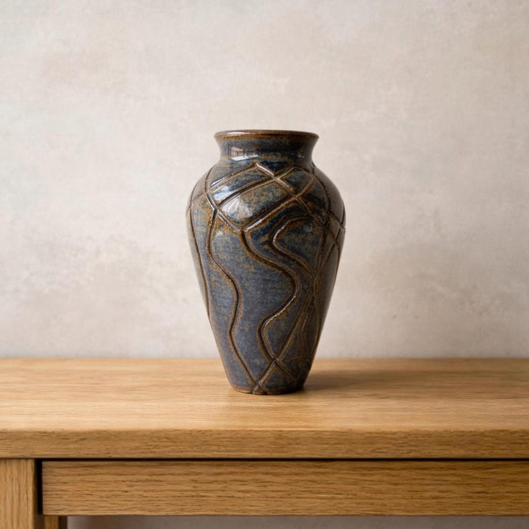 Studio Pottery Vase Blue Gray Textured Stoneware Organic Modern Decor 6 ...