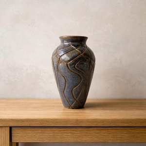 Studio Pottery Vase Blue Gray Textured Stoneware Organic Modern Decor 6.5”H