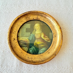Vintage 1976 Florentine Gilt Wood Round Frame • Botticelli Madonna Print • Italian Religious Icon Wall Hanging 5”