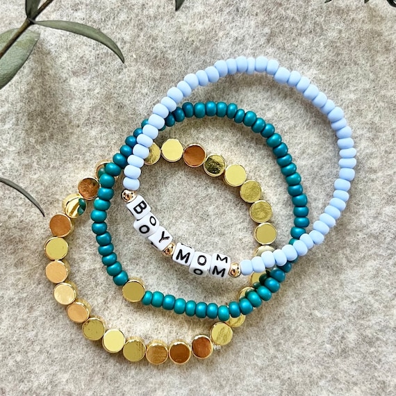 Boy Mom Stack SET OF 3 Gold Disc Bracelet Seed Bead Bracelet W Gold Disc Cube Text seed Bead Bracelet Etsy