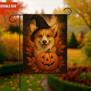 May include: A Halloween garden flag featuring a smiling corgi wearing a witch hat, with a carved pumpkin and autumn leaves. The flag is double-sided and designed for outdoor use. The color palette includes orange, brown, and black.