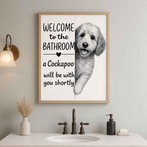 Póster de baño de Cockapoo / Bienvenido al baño / Impresión artística de Cockapoo / Perro en el baño / Decoración de arte de pared / Regalo para amantes de los perros