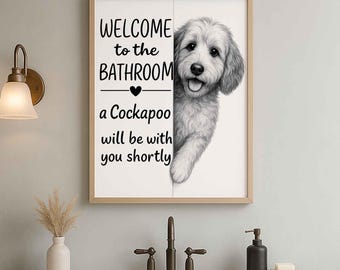 Cockapoo Badezimmer Poster | willkommen im Badezimmer | Kakadu Kunstdruck | Hund auf Toilette | Wand Kunst Dekor | Hunde Liebhaber Geschenk