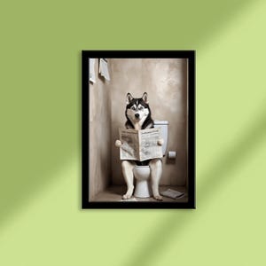 Funny Husky Bathroom Art Print: Dog Reading Newspaper