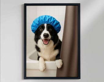 Peut inclure: Photographie encadrée d'un Border Collie noir et blanc portant un bonnet de douche bleu, sortant d'une baignoire blanche. Le chien sourit, la langue sortie, et un rideau de douche marron est visible.