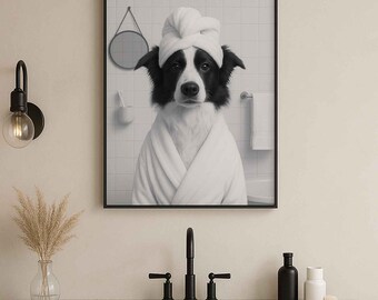 Border Collie Bathrobe Dog Art Poster | Dog in Bathrobe Wall Art | Funny Bathroom Dog Décor | Pet Lover Gift | Bathroom Humor Art