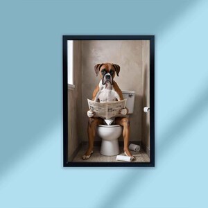 Boxer dog  Art Print Poster Decor, funny Boxer dog on the toilet reading newspaper, Boxer loverl Dog Canvas Art, Pet Wall Art, Dog Lover Gif