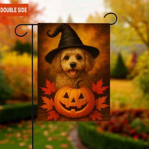 May include: A double-sided garden flag featuring a smiling dog wearing a black witch hat, with a carved orange pumpkin and red maple leaves. The flag is designed for Halloween and is displayed on a black metal stand.
