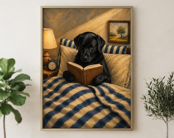 Black Labrador Reading in Bed Wall Art Print | Cozy Dog Painting | Book Lover Gift | Black Labrador Art | Dog Wall Decor | Poster