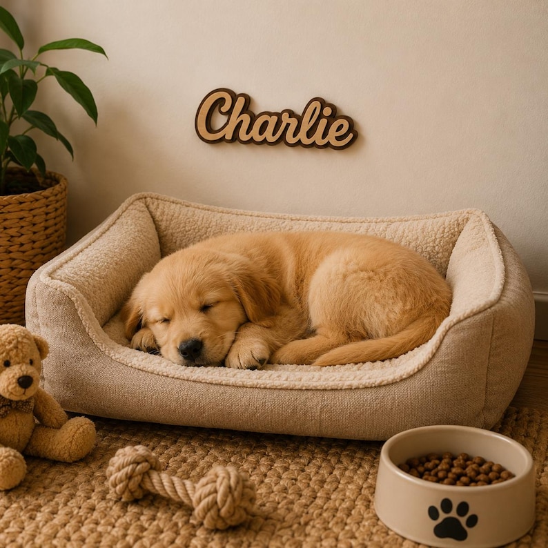 Pu&ograve; includere: Una cuccia rettangolare per animali color beige con un morbido rivestimento interno color crema. Un cucciolo dorato dorme all'interno. Sopra la cuccia, una targa da parete in legno mostra il nome Charlie in corsivo. Una ciotola beige con zampa.