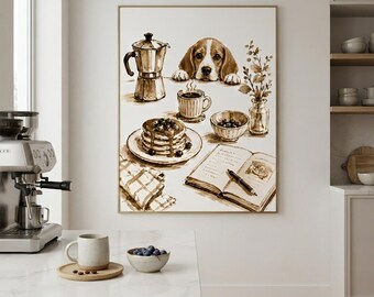 Beagle Kitchen Wall Art, Cozy Breakfast Dog Print, Minimalist Sepia Illustration, Coffee Lover Decor, Farmhouse Kitchen Poster