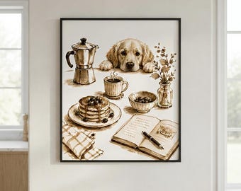 Golden Retriever Wall Art, Cozy Kitchen Decor, Breakfast Dog Print, Sepia Farmhouse Poster, Coffee Bar Wall Decor