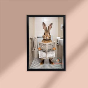 Funny Rabbit Bathroom Art Print: Newspaper Reading Pet Lover Gift