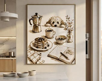 Goldendoodle Wall Art, Cozy Kitchen Decor, Breakfast Dog Print, Coffee Wall Art, Minimalist Sepia Illustration, Farmhouse Dog Poster