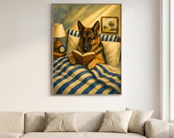 German Shepherd Art Print, Reading in Bed Dog Wall Art, Book Lover Gift, Cozy Dog Decor, Literary Gift for German Shepherd Lovers