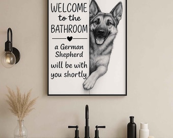 Póster de baño de pastor alemán / Bienvenido al baño / Perro en el inodoro / Arte de baño para perros / Regalo para amantes de los perros