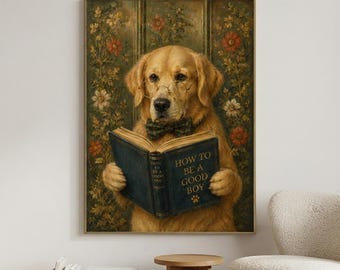 Golden Retriever Reading Book Art Print, How To Be A Good Boy Poster, Vintage Golden Retriever Wall Art,Dog with Glasses Painting, Dog Lover